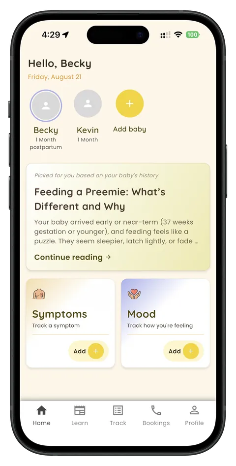 App home screen for tracking baby and health profile