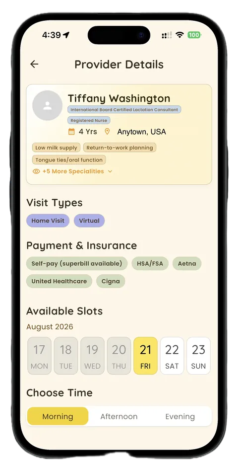 Provider profile with specialties, visit types, insurance, and available booking slots