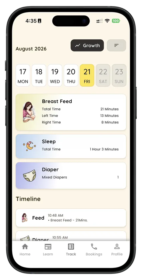 Tracking screen showing breast feed, sleep, and diaper logs
