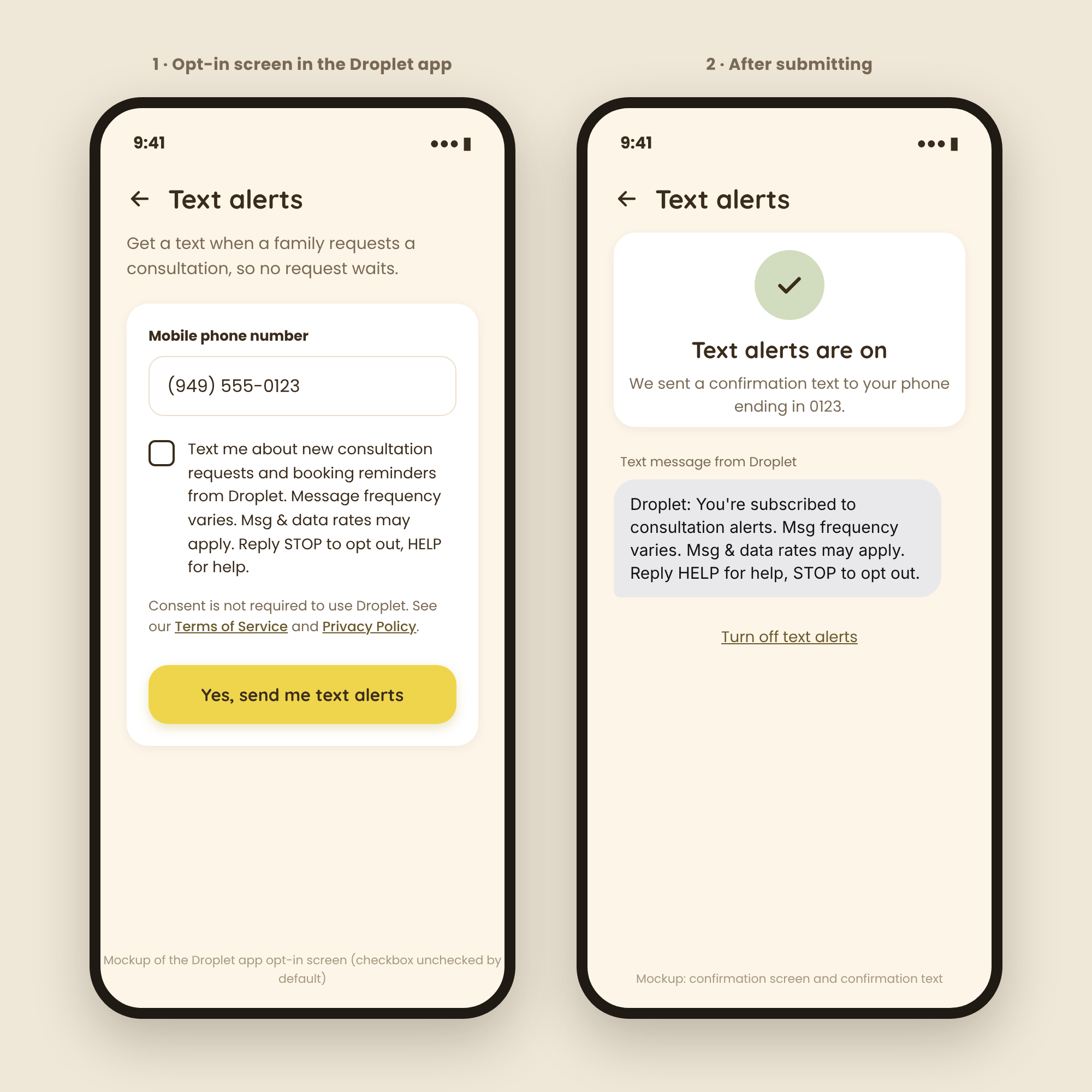 Mockup of the Droplet app Text alerts screen: a mobile number field, an unchecked consent checkbox with the disclosure above, links to the Terms of Service and Privacy Policy, and a Yes, send me text alerts button; and the confirmation screen with the confirmation text